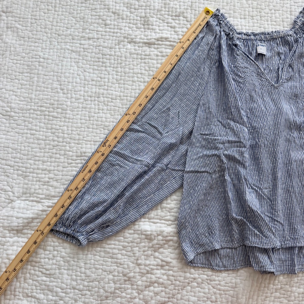 Old Navy Blue White Striped Ruffle V-Neck Balloon Sleeve Peasant Blouse XL Boho - Picture 6 of 6